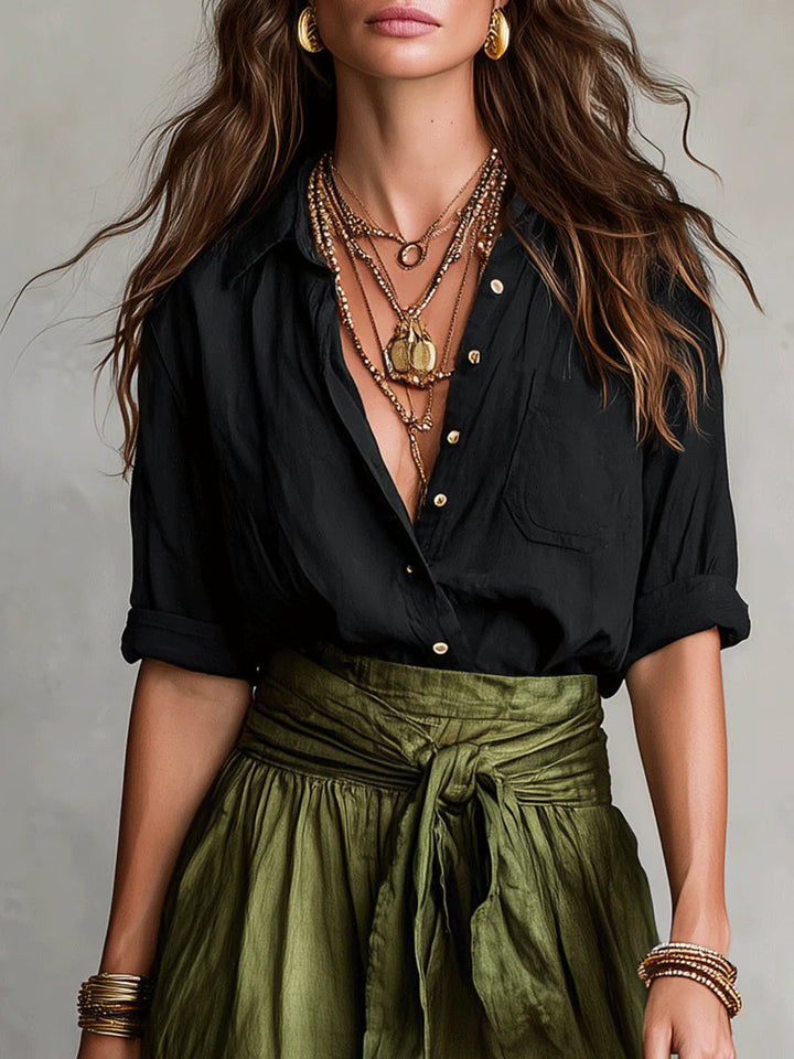 Serena™ | Set di Due Pezzi: Top Nero e Gonna Midi Verde Oliva