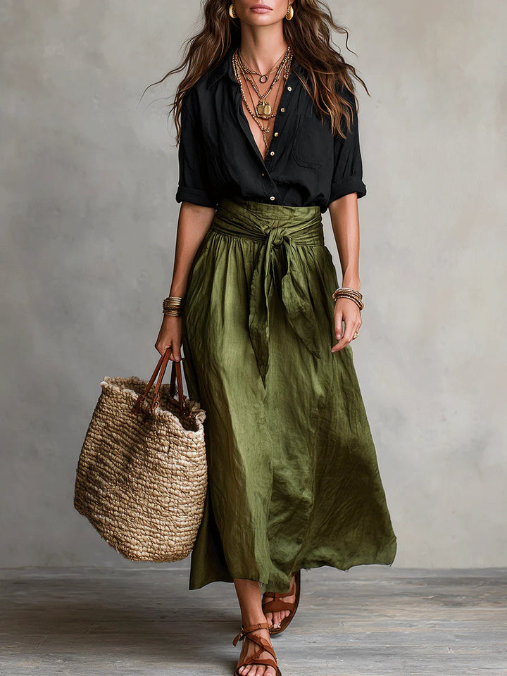 Serena™ | Set di Due Pezzi: Top Nero e Gonna Midi Verde Oliva