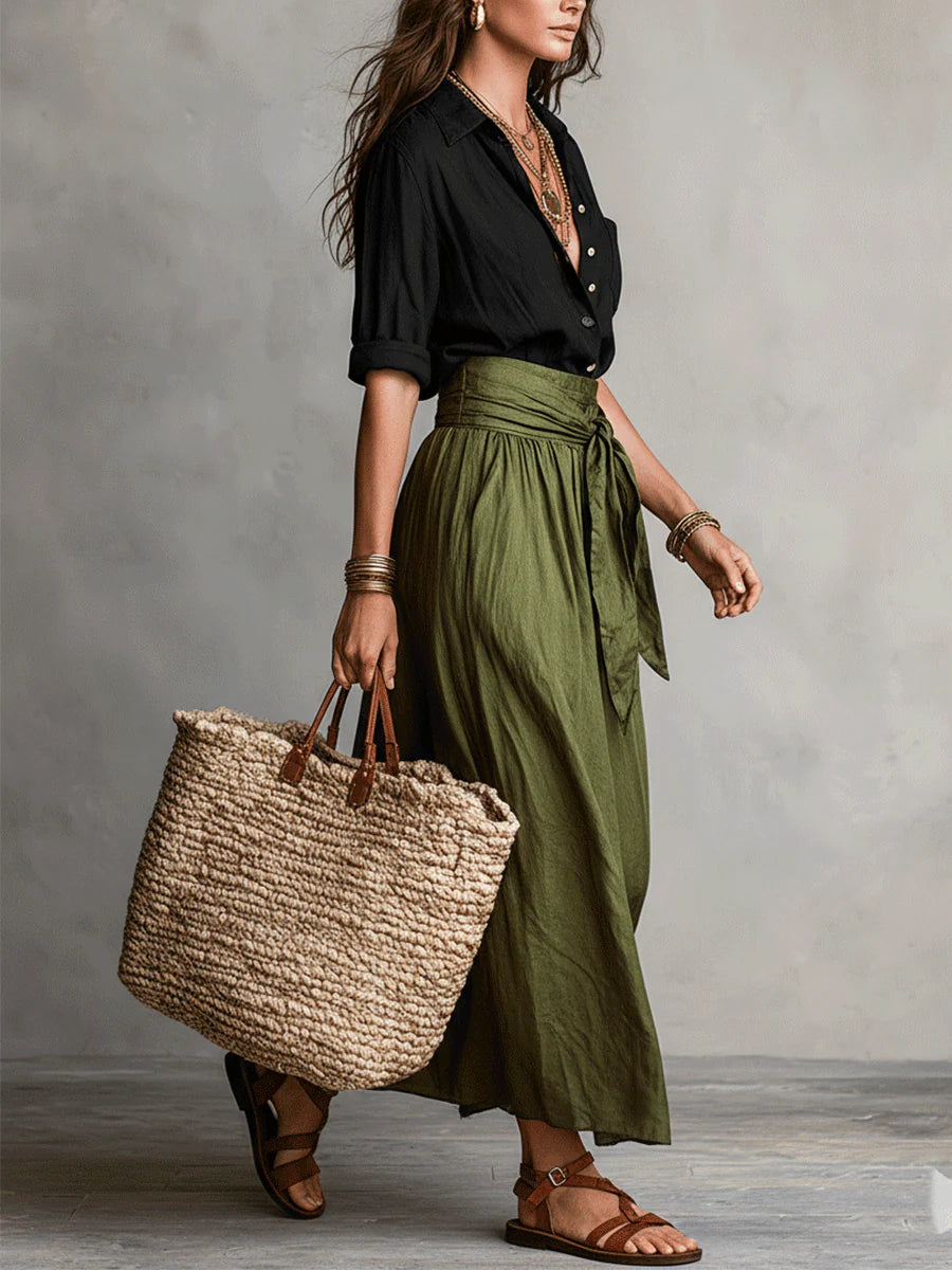Serena™ | Set di Due Pezzi: Top Nero e Gonna Midi Verde Oliva