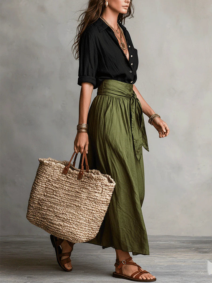 Serena™ | Set di Due Pezzi: Top Nero e Gonna Midi Verde Oliva