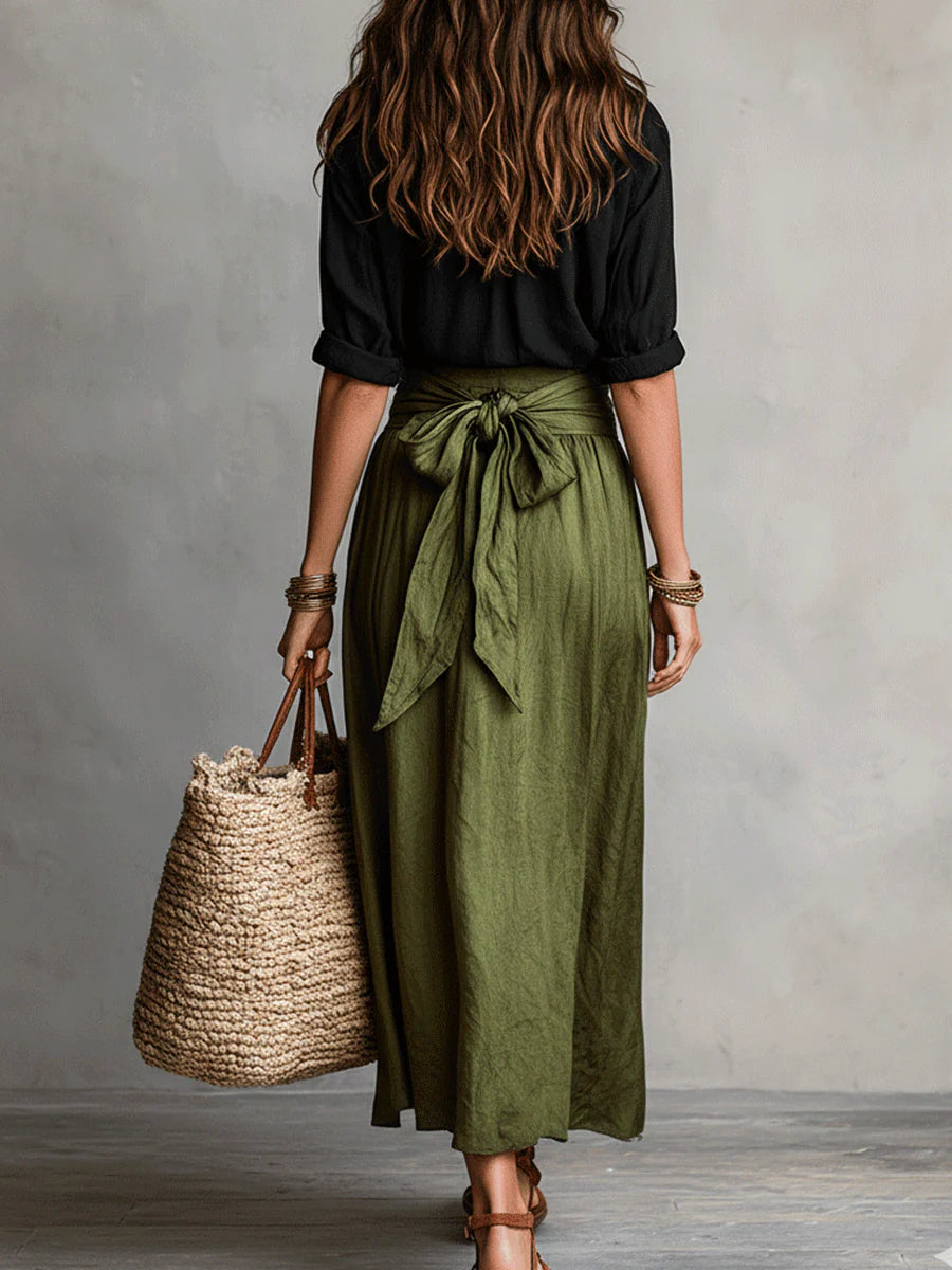 Serena™ | Set di Due Pezzi: Top Nero e Gonna Midi Verde Oliva
