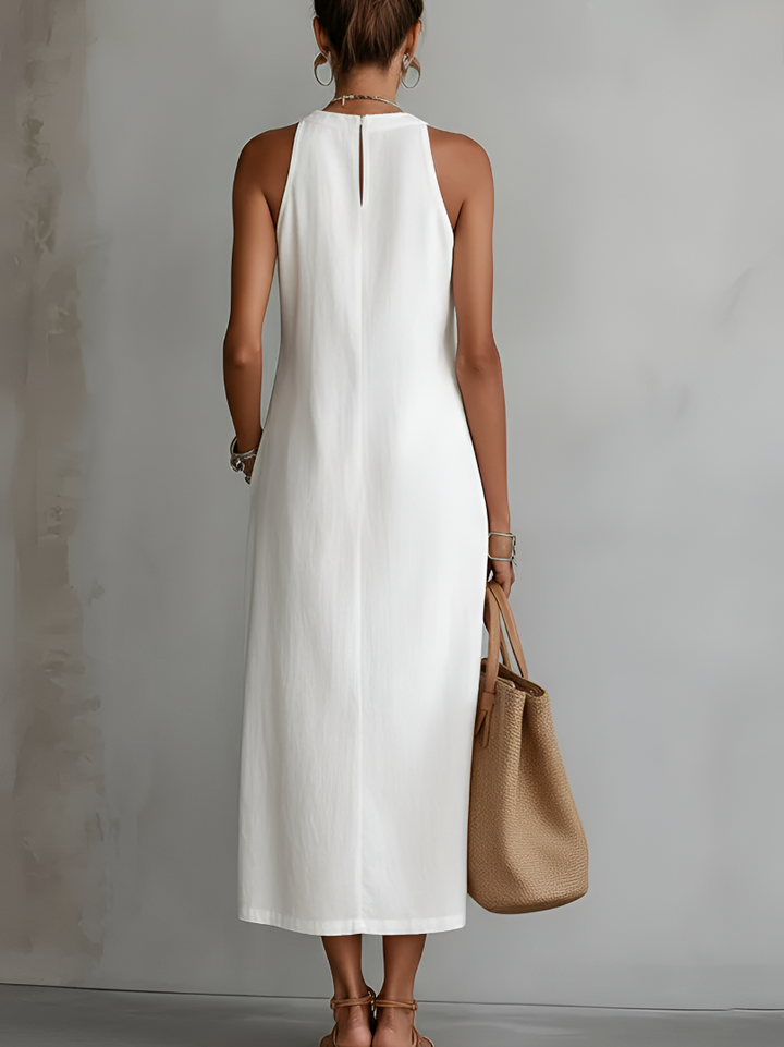 Jimena | Abito midi in lino con collo alla Mao